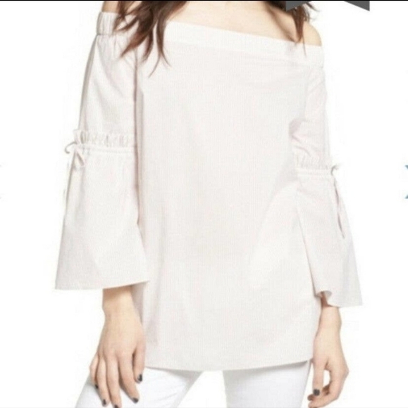 𝅺CHELSEA 28 Striped Off The Shoulder Poplin Top Size X-Small - Picture 1 of 7